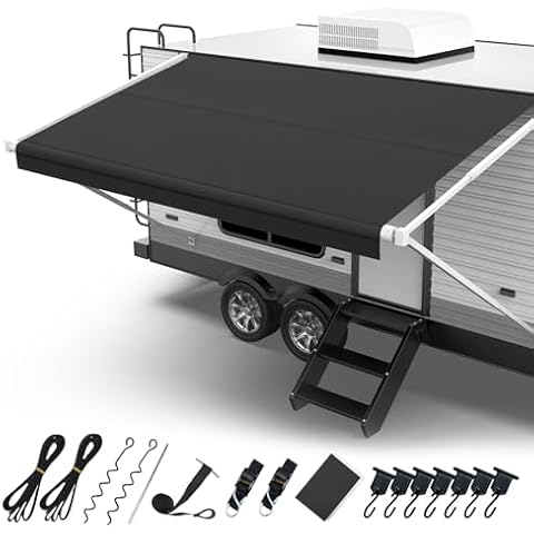 Fonzier RV Awning Fabric Replacement,【Upgraded 280GSM Anti-Fading Fabric】 with Awning Tie Down Kits & 7 Hooks, Universal Outdoor Canopy for Motorhome and Trailer Awnings- 17'(Fabric 16'2"), Black Cover