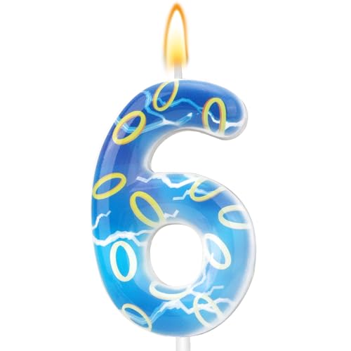 Vela de aniversário desenhos animados, vela azul com números e anéis dourados adorno para bolo anime suprimentos de decoração de aniversário para meninos e meninas (Número 6)