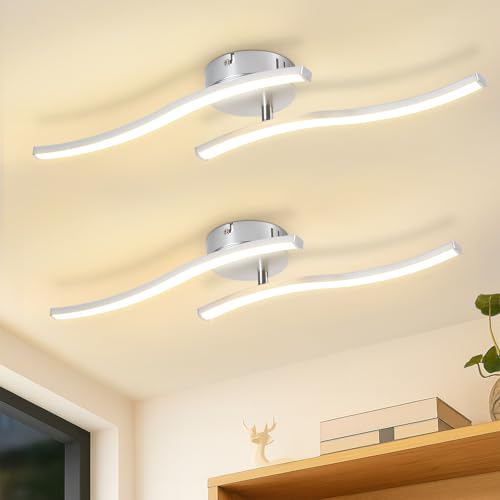 Homefire 2ER Deckenlampe LED Deckenleuchte Küche: Modern Flurlampe Silber 12W Küchenlampe 3000K Warmweiß Wellen Design Schlafzimmerlampe Innen Deckenbeleuchtung für Wohnzimmer Schlafzimmer Flur