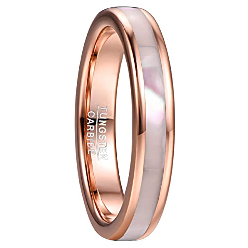 VAKKI 4mm Rose Gold Tungsten Rings for Women Mother of Pearl Shell Inlay Wedding Ring Bands Size Q