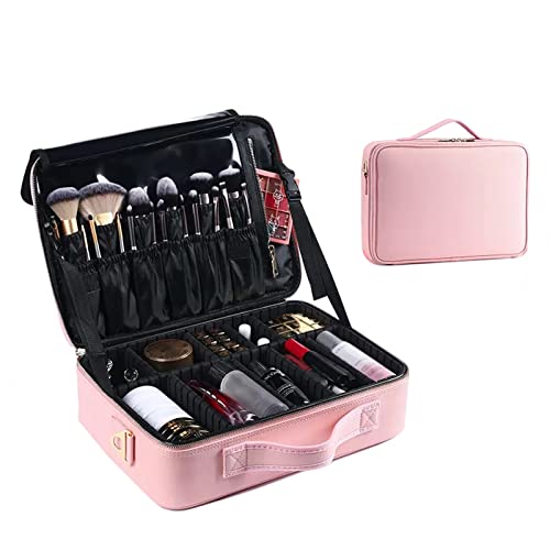 CKKNILV Makeup Bag Cosmetic Case Portable Travel Makeup Train Case Beauty Box, with Adjustable Compartments, Travel Makeup Bag Makeup Brush Bag, Electroplated Metal Zip,Black Co