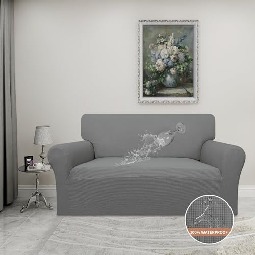 Image of Easy-Going 100% Waterproof Loveseat Couch Cover Stretch Jacquard Sofa Cover | Dual Waterproof Sofa Slipcover, Leakproof Furniture Protector for Kids, Pets, Dog and Cat (Loveseat, Grey)