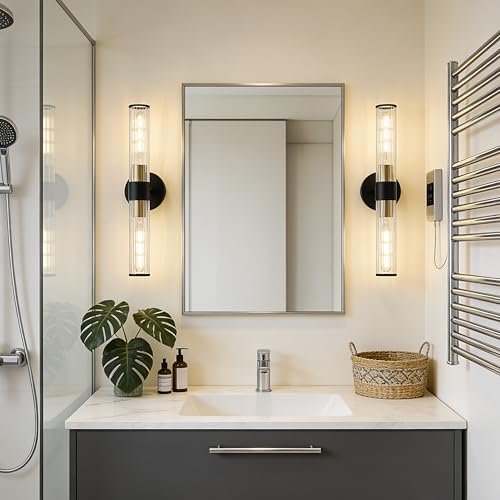 Image of Bathroom Light Fixtures 2 Pack Hardwired, Black Gold Wall Sconce Threaded Glass Vanity Light Featuring Two E26 sockets, Bathroom Wall Light Dimmable - Bulb Not Included, UL Certification