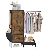 Kommode mit 4 Stoff Schubladen und Kleiderstange, 110cm Hoch Stabil Komodenschrank Schmaler Kleiderschrank für Schlafzimmer Flur Kinderzimmer, Platzsparender Wäscheschrank mit Schuhablage (Schwarz)