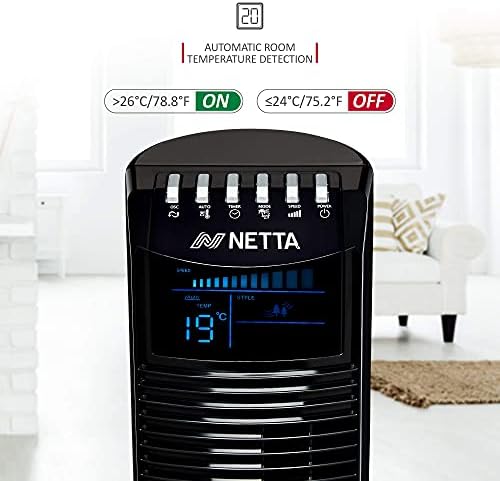 NETTA Tower Fan, 36 Inch Oscillating with Remote Control, LED Display, 3 Speed Settings With 8 Hours Timer, Bladeless Floor Fan for Bedroom Living Rooms Kitchen Home Office - Black