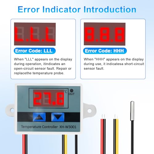 QIQIAZI Digitaler Temperaturregler Thermostat XH-W3001 AC 110–220V mit LCD-Display & wasserdichtem NTC-Sensor,Microcomputer Thermostatschalter
