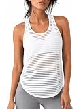 Remidoo Women's Striped Sheer Mesh Workout Tank Tops Racerback Sleeveless Athletic Shirts White Small