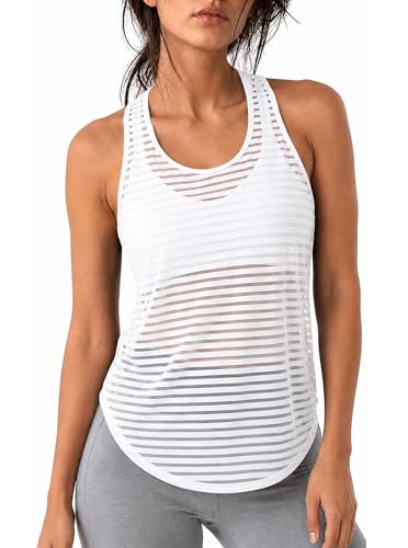 Remidoo Women's Striped Sheer Mesh Workout Tank Tops Racerback Sleeveless Athletic Shirts White Small