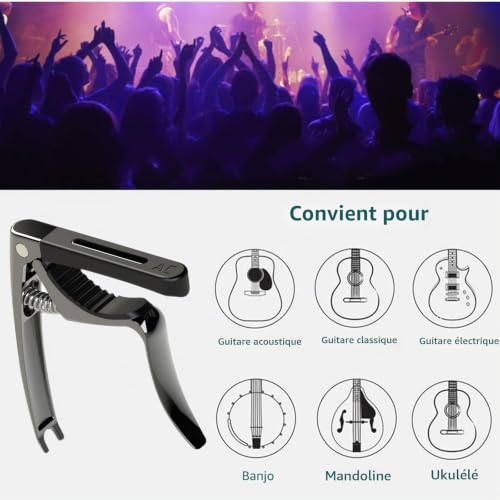 AUPHY Capo de Guitare avec 3 Embouts Amovibles Adaptés aux Courbes de Manche - Compatible Guitares Acoustiques/Électriques & Ukulélé + Médiator Métal Offert (Noir mat) – vue 6