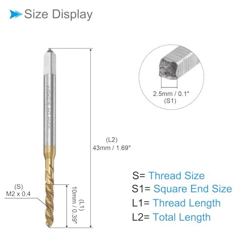 CoCud Spiralnut-Gewindebohrer, M2 x 0,4 Gewindegröße, 3 Schneiden, Hochgeschwindigkeitsstahl-Gewindewerkzeug - (Anwendungen: zur Bearbeitung von Löchern und klebrigen Materialien)