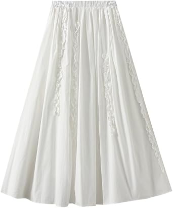 Womens Ruffled Flowy Maxi Skirt Elastic High Waist A line Renaissance Pleated Boho Summer Long Skirt
