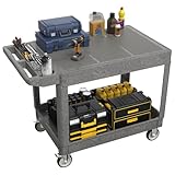 Large Garage Flat Top Utility Cart, Heavy Duty 2 Shelf Tool Cart Service Cart Rolling Push Carts with Ergonomic Handle 5' Swivel Casters.