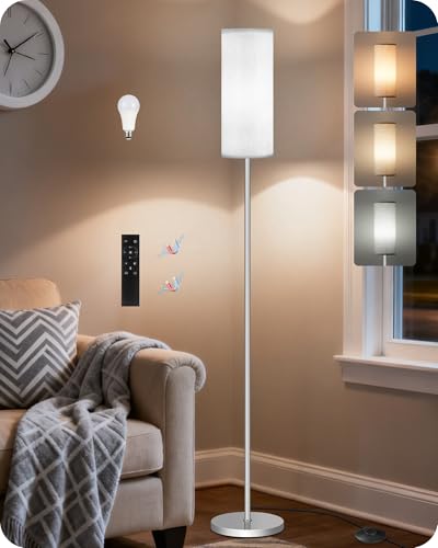 Image of Dimmable Floor Lamps for Living Room with Remote and Foot Switch, 64.4 inch Modern Standing Tall Lamp, Corner Lamp for Office, Bulb Included, 3000K-6500K, Silver and Off-White SW06LD05W1