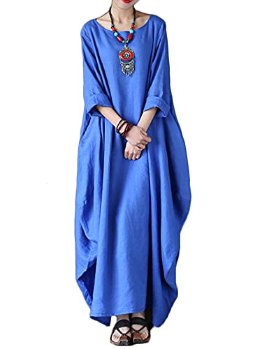 Image of Celmia Autumn Solid Loose Long Maxi Dress Cotton Caftan