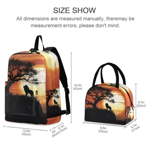 Backpack Lunch Box Set Large Capacity Travel Backpacks and Insulated Lunch Bag for Commute Hiking Picnic Lion Silhouettes Print2