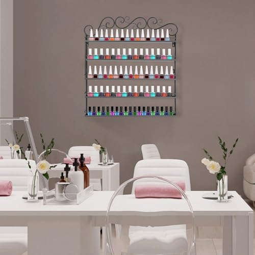 Image of 5-Tier Wall Mount Nail Polish Rack, Black Metal Storage for 100-120 Bottles | Protective Strips | Cosmetic & Essential Oil Storage Shelf Display Organizer | For Home Salon, Spa Shops & Vanity