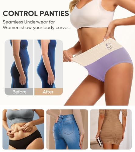 Image of Women's Cotton Underwear High Waisted Tummy Control Soft Stretch Briefs Full Coverage Panties 5 Pack