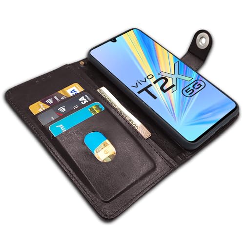 Image of Pikkme Vivo T2X / Y16 / Y56 5G Flip Cover Leather Finish | Inside TPU with Card Pockets | Wallet Stand and Shock Proof | Complete Protection Button Flip Case (Coffee)
