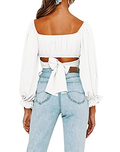 Wenrine Womens Summer Off Shoulder Crop Tops Ruffles Lantern Sleeve Tie Back Blouse Shirt White - Image 3