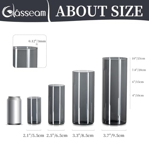 Glasseam Glass Cylinder Vase Grey: 3Pcs Modern Flower Vases for Living Room Dining Table Centrepiece - Decorative Hurricane Candle Holders Pampas Grass Tulip Vase for Flowers (10/15/20cm) - Image 6