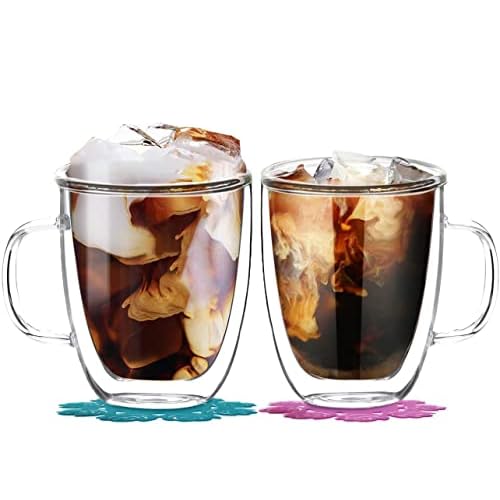 BOQO Tazas de Vidrio Doble Pared, Taza de Cristal con Mango,400ml Juego de 2
