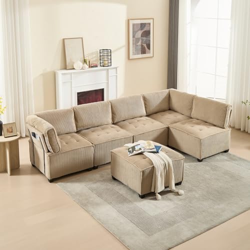 EURHCIO Canapé Modulable 6 Places,Canapé Convertible,Combinaisons Flexibles en Forme de U/L/canapé-lit,Tissu Velours Côtelé,Structure en Bois et Métal,Montage...