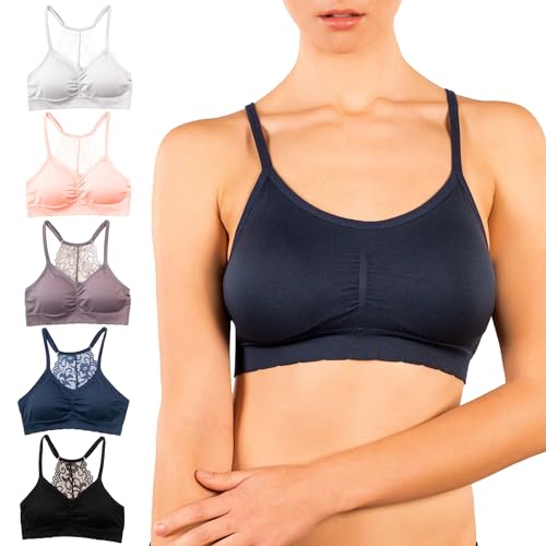 Alyce Intimates Seamless Womens Bra, Pack of 5- Lightly Padded Bra with Removable Cups- Wireless Racerback Bralette