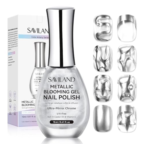 SAVILAND Color Artistry Silver Metallic Nail Polish: 15ml Chrome Nail Polish No UV Lamp Needed Mirror Gel Nails Polish Metal Blooming Gel Polish Air Quick Dry Spreading Effect Nails Art Design