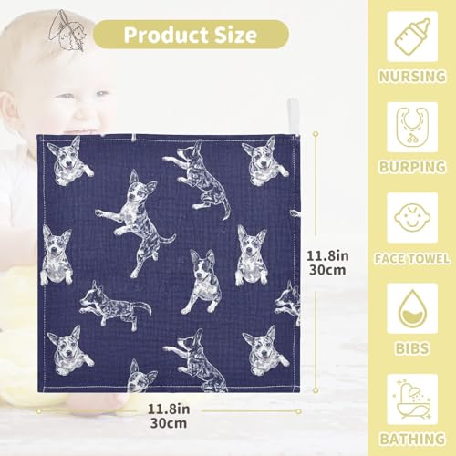 Image of vvfelixl Baby Muslin Washcloths Blue Heeler Dog Baby Burp Cloths Cotton Babys Face Towel for Infants Soft 11.8 X 11.8 in, 3 Pack