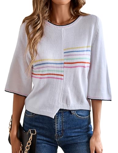 Womens Cute Striped Ribbed Knit Color Block Crewneck 3/4 Sleeve Pullover Sweater Spring 2025