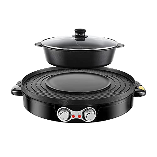 Dyna-Living Hot Pot Electric Korean BBQ Grill 3 in 1 Shabu Shabu Hot Pot with Divider Separate Temperature Control Hotpot Household Electric Skillet with Lid (2200W)