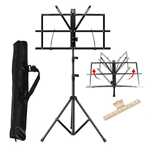 ENNBOM 2-in- 1 Music Stand Portable Folding Sheet Music Stand Adjustable Music Sheet Clip Professional Music Sheet Holder with Carry Bag