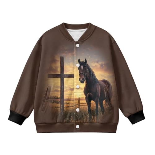 ZFRXIGN Horse and Cross Jacket for Girls Boys Size 11-12 Baseball Jacket School Uniform Button up Cardigan Kids Winter Coat Fall Crewneck Sweatshirt Fashion Clothing, Brown