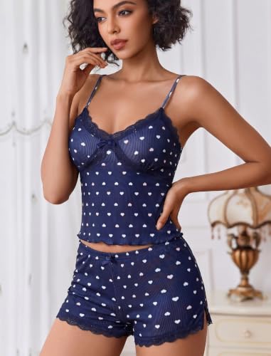Image of Avidlove Women's Soft Ribbed Knit Cami Pajama Set Sexy V Neck Lace Trim Sleepwear Side Slit Shorts Lingerie Nightwear