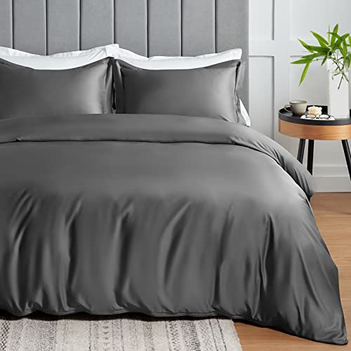 Cozylux 100% Organic Bamboo-Rayon Duvet Cover Queen Set Size Light Grey 3Pcs 300Tc Luxury Comforter Cover 90" X 90", Oeko-Tex Cooling Duvet Covers With Zipper Closure And Corner Ties,Dark Gray #TOP4