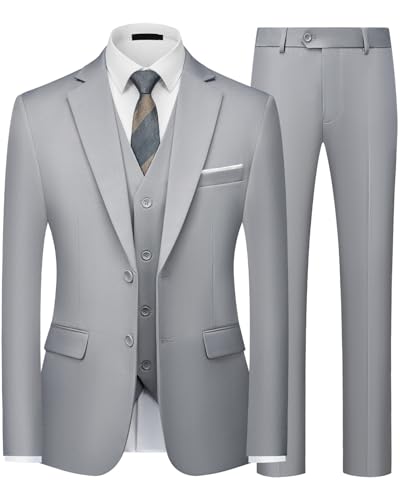 Autsel Anzug Herren Slim Fit 3-teilig Business Anzüge 2-Knopf Herrenanzug Sakko Weste Hose knitterarm für Business Hochzeit & Festliche Anlässe Hellgrau S