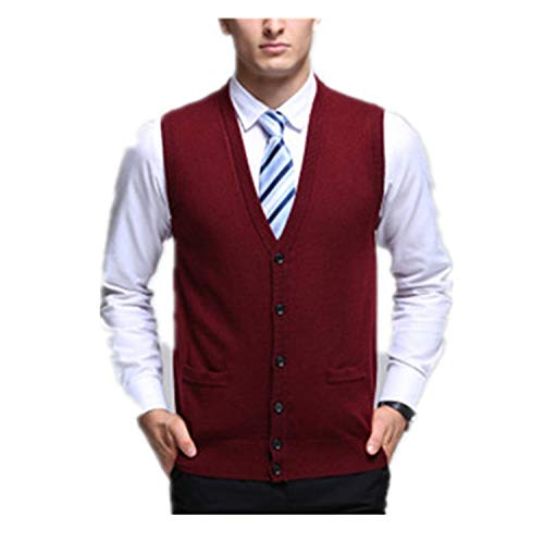 Autumn Cashmere Sweater Wool Vest Knitted Mens Cardigans Sleeveless Waistcoats Wine Red XXL