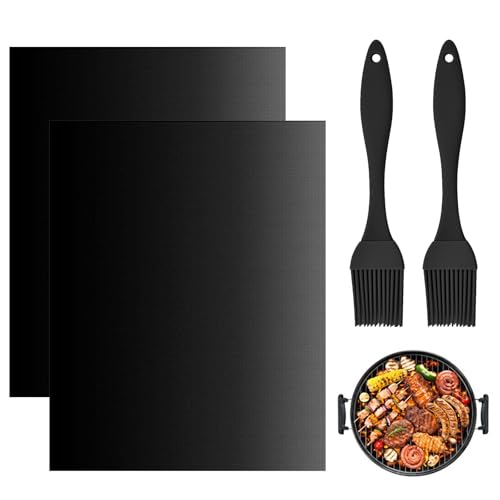 2 Stück Schwarz BBQ Grillmattes, Große Unter Backofen Hitzebeständige Grillmatten, Wiederverwendbar Fiberglas Ofeneinlagen mit 2 Silikon Bürstes, Teflon-Ofeneinlagen für Meisten Kochutensilien