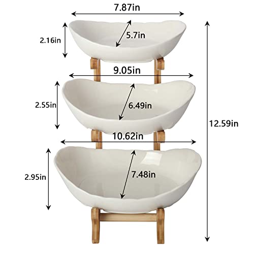 Aiwfl Fruit Dish 3 Tier Fruit Basket White Ceramic Fruit Bowl Fruit Plate With Wooden Holder Fruit Serving Tray Dessert Serving Stand Home Oval Bowl For Fruits Snacks Nuts Bread Candy Storage Holder #TOP2