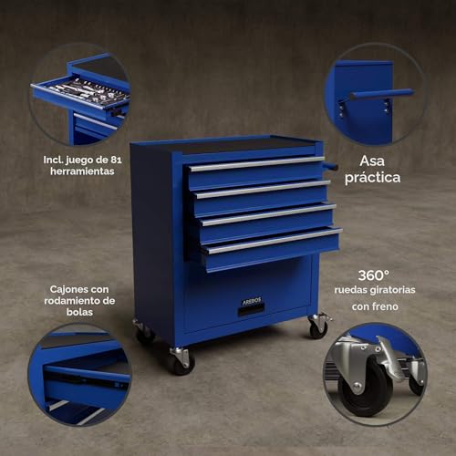 Miniatura 6 de Arebos Carro De Taller Con 4 Compartimentos Incluye 81 Herramientas Carro De Herramientas Equipado Alfombrillas Antideslizantes 2 Ruedas Con Freno De Estacionamiento Azul