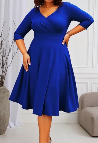 Image of Womens Plus Size Dresses Faux Wrap Summer Dress 3 /4 Sleeves V Neck 1950s Retro Vintage Wedding Party Midi Dress