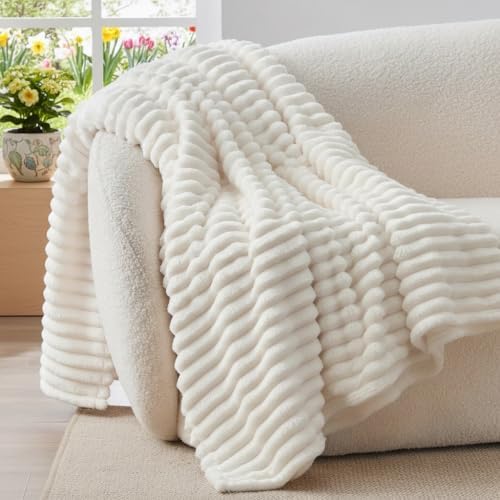 BEDELITE Fluffy Fleece Throw Blanket - Cream White Sofa Throw Sof...