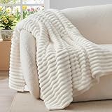 BEDELITE Kuscheldecke Flauschig Decke Klein - weiche Flanell Decken Elfenbein Weiß 125x150 für Sofa, Deko Streifen Cord Fleecedecke Weiss als Sofaüberwurf für Wohnzimmer, Throw Blanket Wide Use