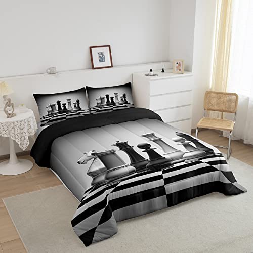 Image of Feelyou International Chess Comforter Set Chess Board Bedding Set for Kids Boys Teens Cool Games Comforter Geometric Grid Quilt 1 Comforter Set with 2 Pillowcases Queen Size Boys