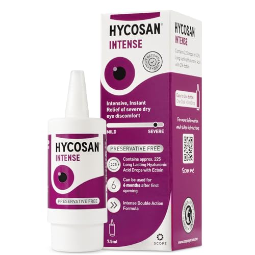 Hycosan Intense - Eye Drops for Long-Lasting, Intensive Lubrication and Instant Relief for Itchy, Burning Sensation and Severe Dry Eyes - Preservative Free - 225 Measured Doses