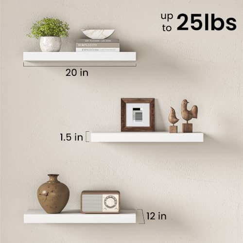 Image of Fun Memories 20 x 12 Inch Deep Floating Shelves, 12 Inch Deep Rustic Wooden Wall Shelves, Extra Deep & Heavy Duty Hanging Shelves for Living Room,Bedroom, Bathroom, Set of 3 (White)