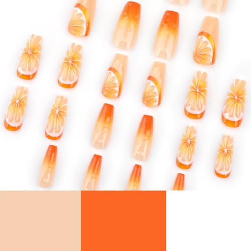 Image of NBNTGH Orange 3D Fruit Design Glossy Glue on Nails, 24 Pcs (Pack of 1), Medium Coffin Shape, Full Cover Stick on Nails, Reusable, Spring /Summer Manicure