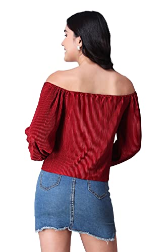 Image of POPWINGS Casual Wrinkle Off Shoulder Crop Top for Women - Designer Stylish Western Full Sleeves