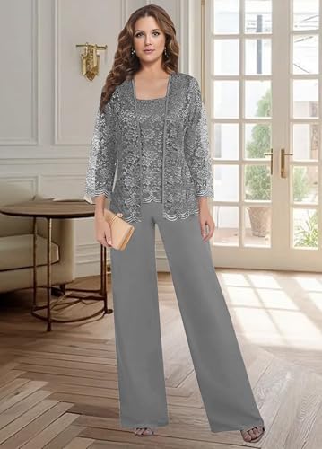 3 Pieces Elegant Mother of The Bride Pant Suits for Women Dressy Chiffon Lace Wedding Guest Formal Outfits4