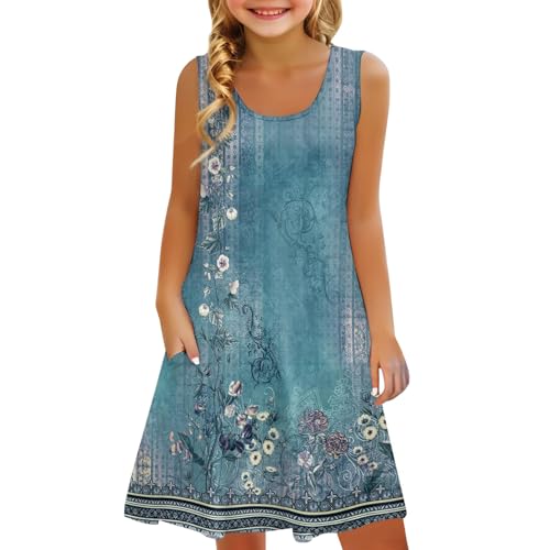 Teen Girls Summer Dresses Smocked Sleeveless Sundresses Tank Swing Midi Beach Dresses with Pockets